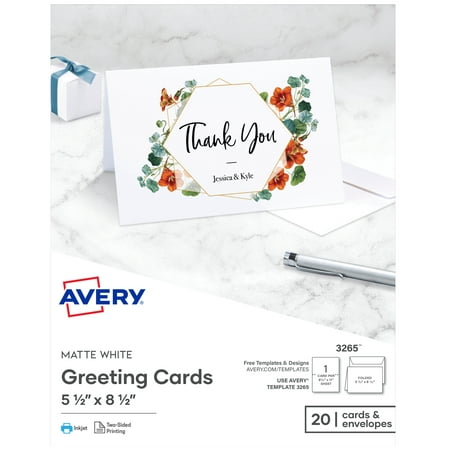 Avery Printable Greeting Cards, Half-Fold, 5.5" x 8.5", Matte White, 20 Blank Cards with Envelopes (3265)