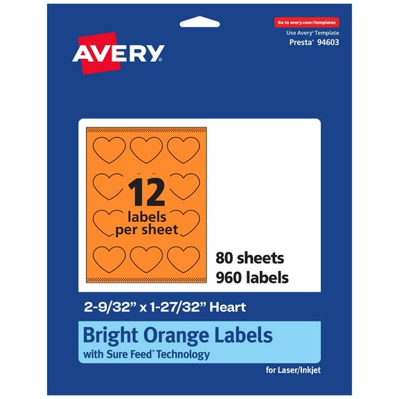 Avery Printable Heart Labels, Bright Orange, 2-9/32" x 1-27/32", 960ct