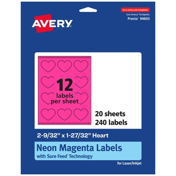 Avery Printable Heart Labels, Neon Magenta, 2-9/32" x 1-27/32", 240ct