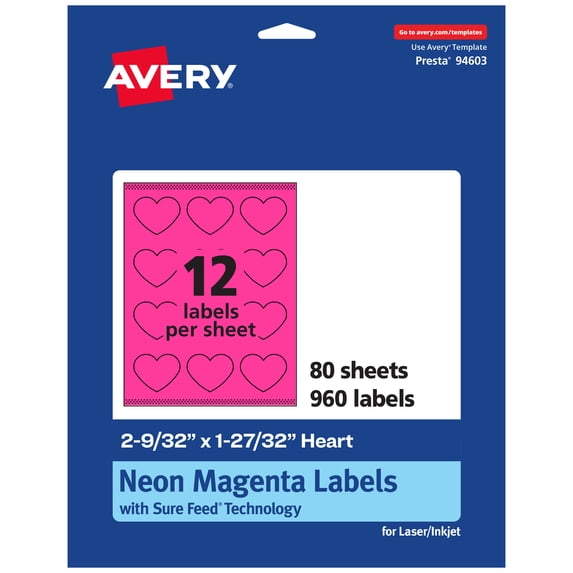 Avery Printable Heart Labels, Neon Magenta, 2-9/32" x 1-27/32", 960ct