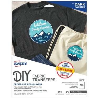 Avery Printable Heat Transfer Paper for Dark Fabrics, 8-1/2" x 11", Inkjet Printer, 5 Iron On Transfers (3279)