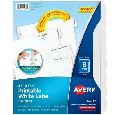 Avery Printable Label Divider, 8-Tab, Paper, Big Tab, Large and Standard Labels, White, 1 Set