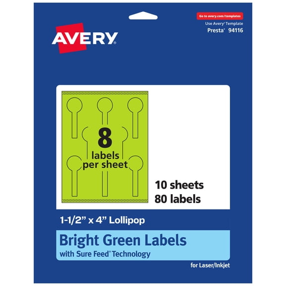Avery Printable Lollipop Labels, Bright Green, 1.5" x 4", 80ct