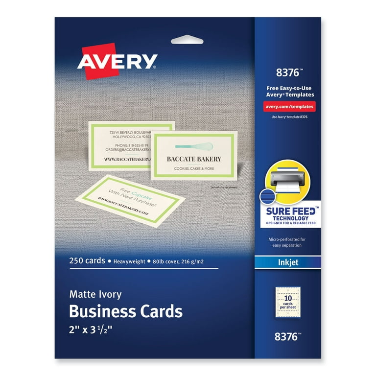 Printable Microperforated Business Cards w/Sure Feed Technology, Inkjet, 2 x 3.5, Ivory, 250 Cards, 10/Sheet, 25 Sheets/Pack Printable Microperforated Business Cards w/Sure Feed Technology, Inkjet, 2 x 3.5, Ivory, 250 Cards, 10/Sheet, 25 Sheets/Pack