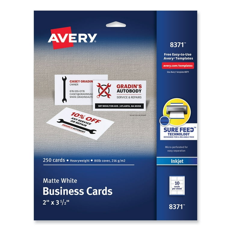 Printable Microperforated Business Cards w/Sure Feed Technology, Inkjet, 2 x 3.5, White, 250 Cards, 10/Sheet, 25 Sheets/Pack Printable Microperforated Business Cards w/Sure Feed Technology, Inkjet, 2 x 3.5, White, 250 Cards, 10/Sheet, 25 Sheets/Pack
