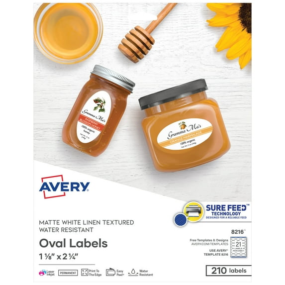 Avery Printable Oval Labels, 1-1/8" x 2-1/4", White, 210ct (8216)