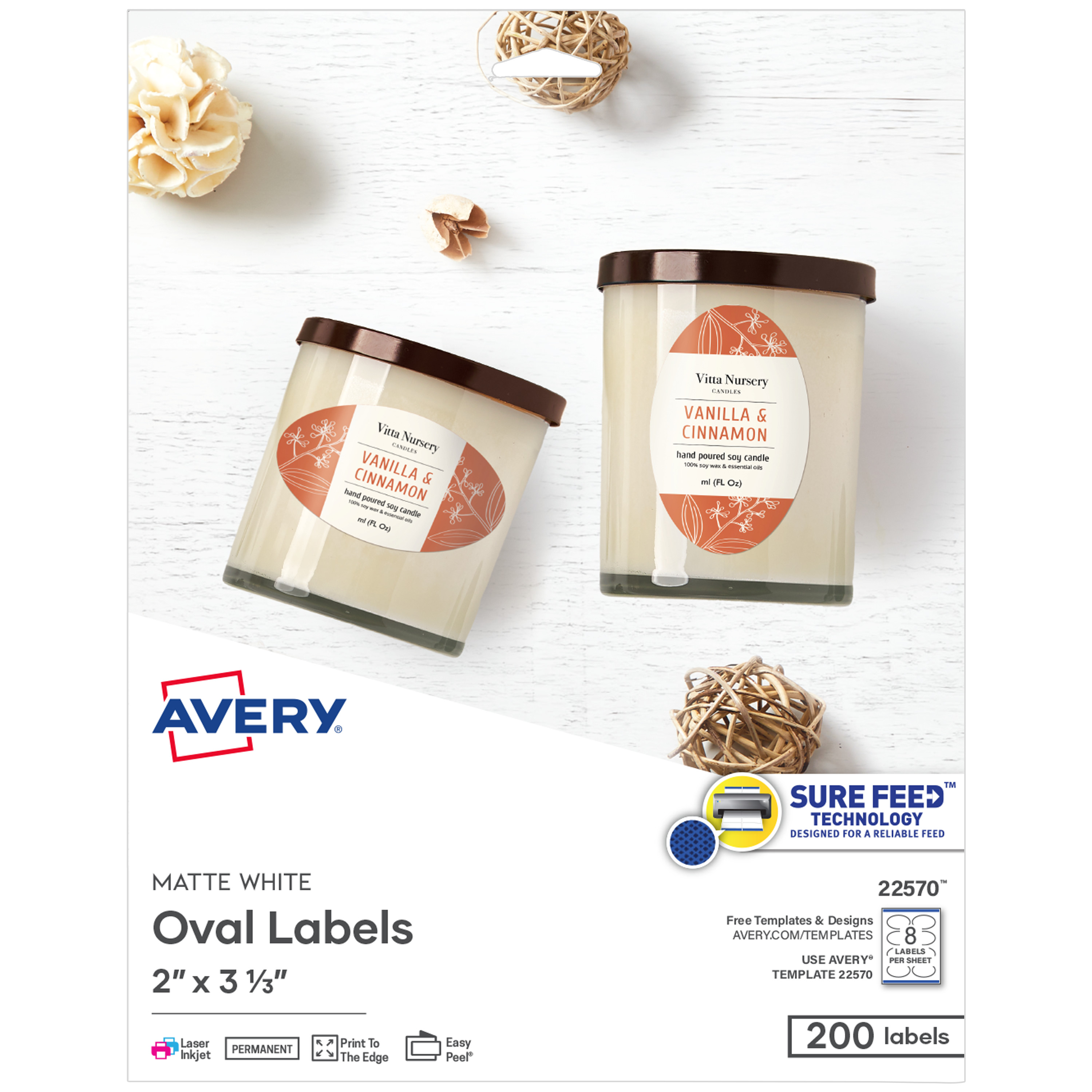 Avery Printable Oval Labels, 2" x 3-1/3", White, 200 Labels (22570)