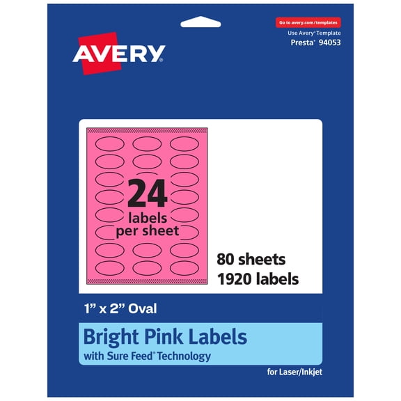 Avery Printable Oval Labels, Bright Pink, 1" x 2", 1,920ct