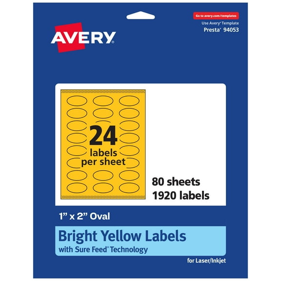 Avery Printable Oval Labels, Bright Yellow, 1" x 2", 1,920ct