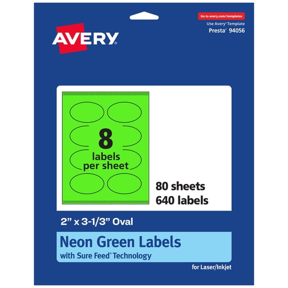 Avery Printable Oval Labels, Neon Green, 2" x 3-1/3", 640ct