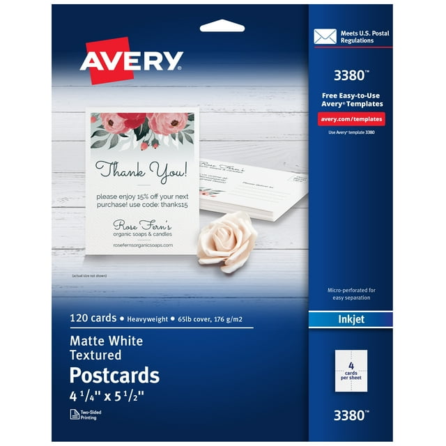 Avery Printable Paper Postcards, 4.25" x 5.5", Textured White, 120