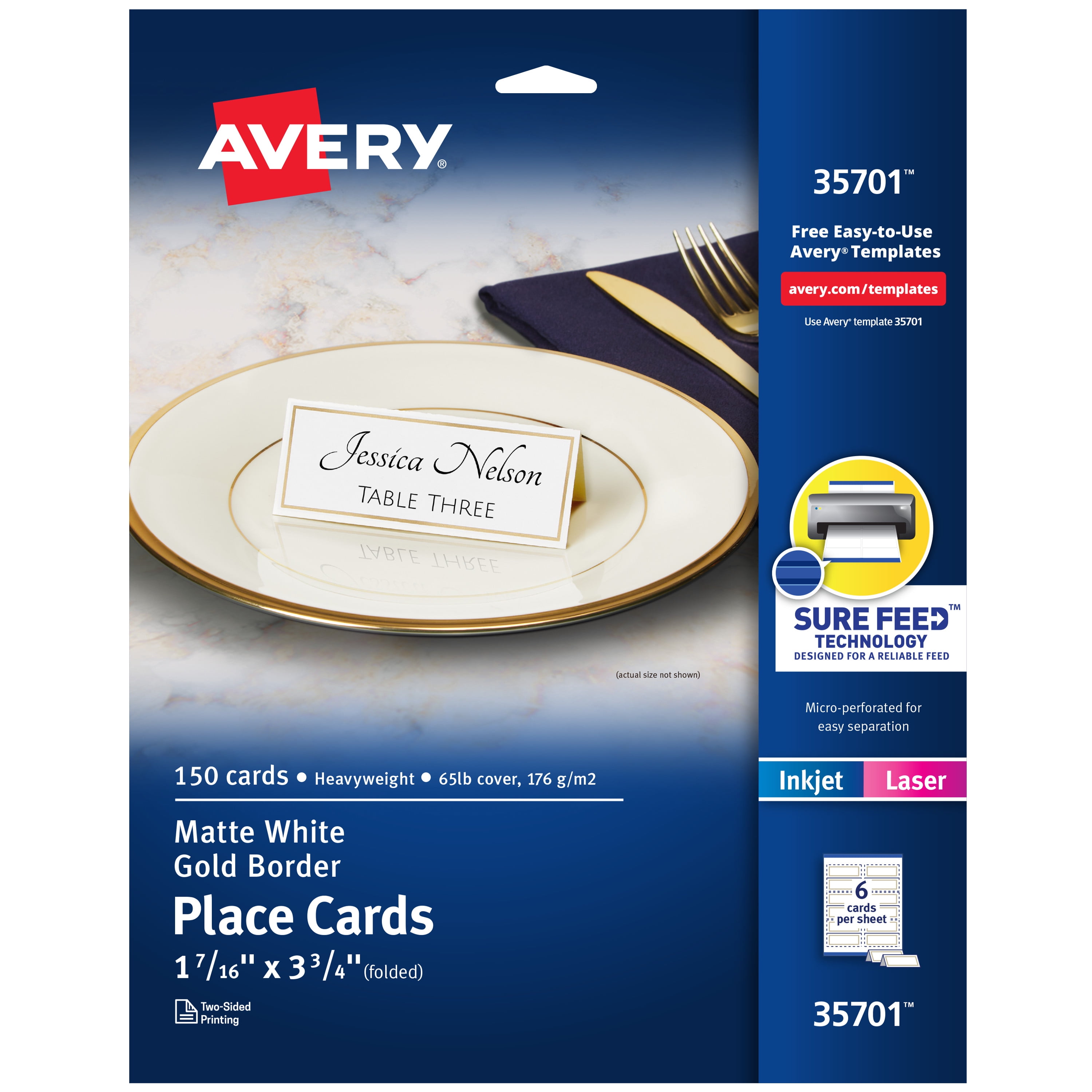 Avery® Printable Place Cards with Sure Feed® Technology, 1-7/16 x 3-3/4,  Textured White, 150 Blank Place Cards (5011)