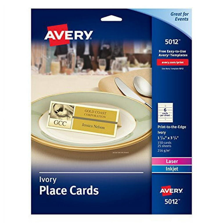 Avery® Printable Place Cards with Sure Feed® Technology, 1-7/16 x 3-3/4,  Textured Ivory, 150 Blank Place Cards (5012)