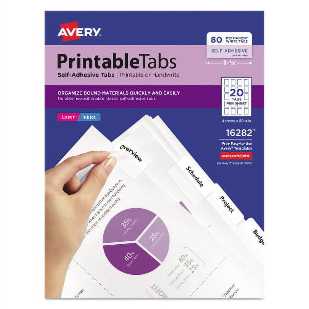 Avery Printable Plastic Tabs with Repositionable Adhesive, 1/5-Cut, White, 1.75" Wide, 80/Pack, Each
