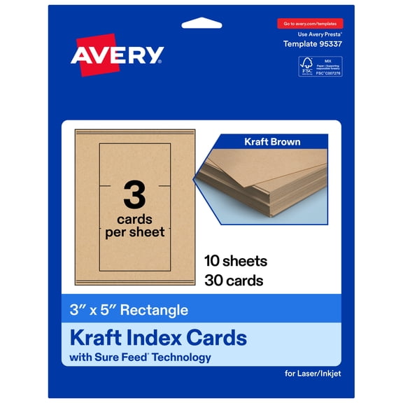 Avery Printable Rectangle Cards, 3" x 5", Kraft Brown, 30ct