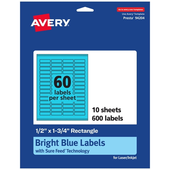 Avery Printable Rectangle Labels, Bright Blue, 0.5" x 1.75", 600ct