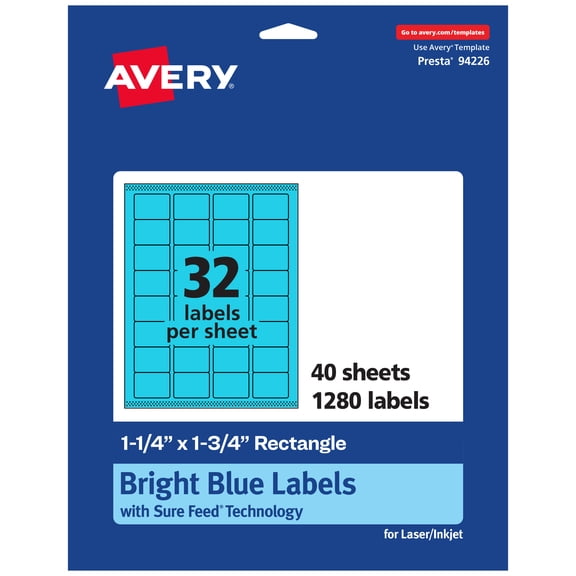 Avery Printable Rectangle Labels, Bright Blue, 1.25" x 1.75", 1,280ct