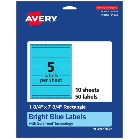 Avery Printable Rectangle Labels, Bright Blue, 1.75" x 7.75", 50ct