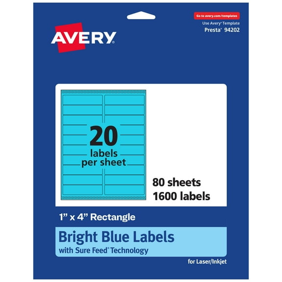Avery Printable Rectangle Labels, Bright Blue, 1" x 4", 1,600ct