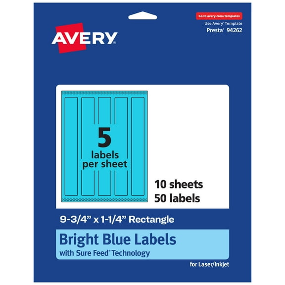 Avery Printable Rectangle Labels, Bright Blue, 9.75" x 1.25", 50ct