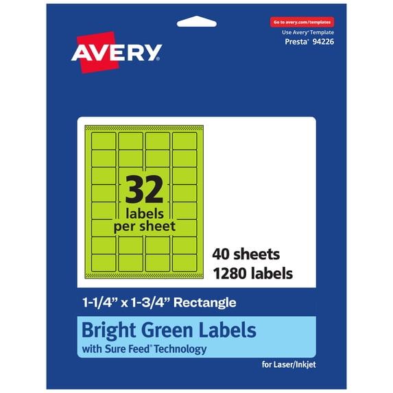 Avery Printable Rectangle Labels, Bright Green, 1.25" x 1.75", 1,280ct