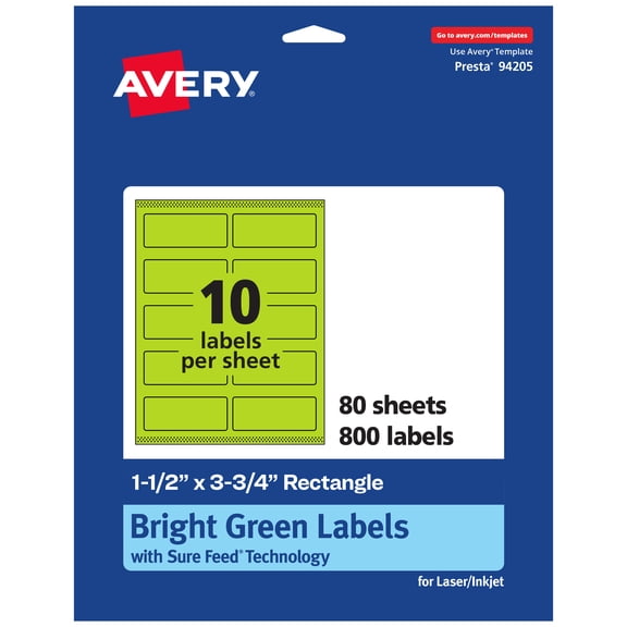 Avery Printable Rectangle Labels, Bright Green, 1.5" x 3.75", 800ct