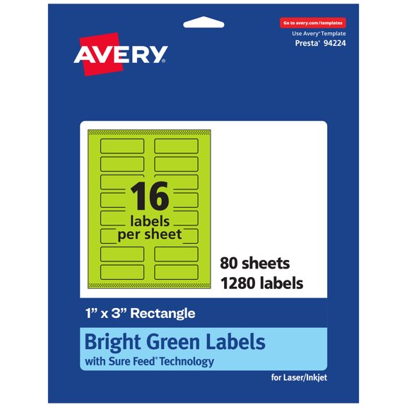 Avery Printable Rectangle Labels, Bright Green, 1" x 3", 1,280ct