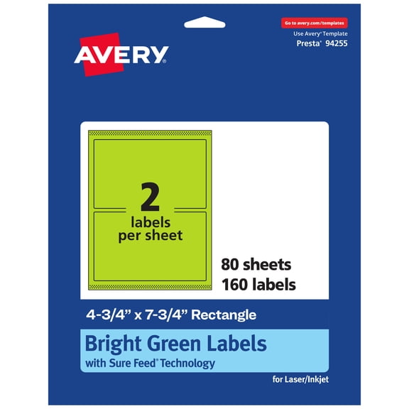 Avery Printable Rectangle Labels, Bright Green, 4.75" x 7.75", 160ct
