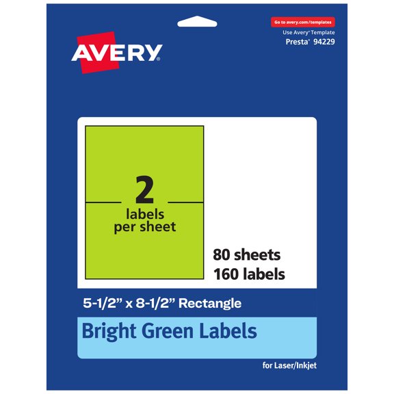 Avery Printable Rectangle Labels, Bright Green, 5.5" x 8.5", 160ct