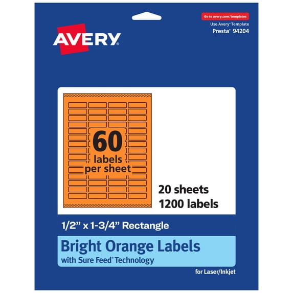 Avery Printable Rectangle Labels, Bright Orange, 0.5" x 1.75", 1,200ct