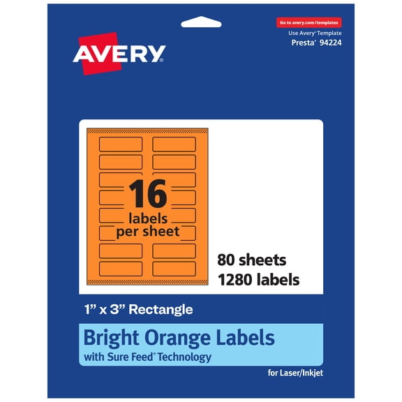 Avery Printable Rectangle Labels, Bright Orange, 1" x 3", 1,280ct