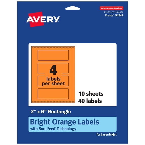 Avery Printable Rectangle Labels, Bright Orange, 2" x 6", 40ct