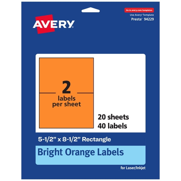 Avery Printable Rectangle Labels, Bright Orange, 5.5" x 8.5", 40ct