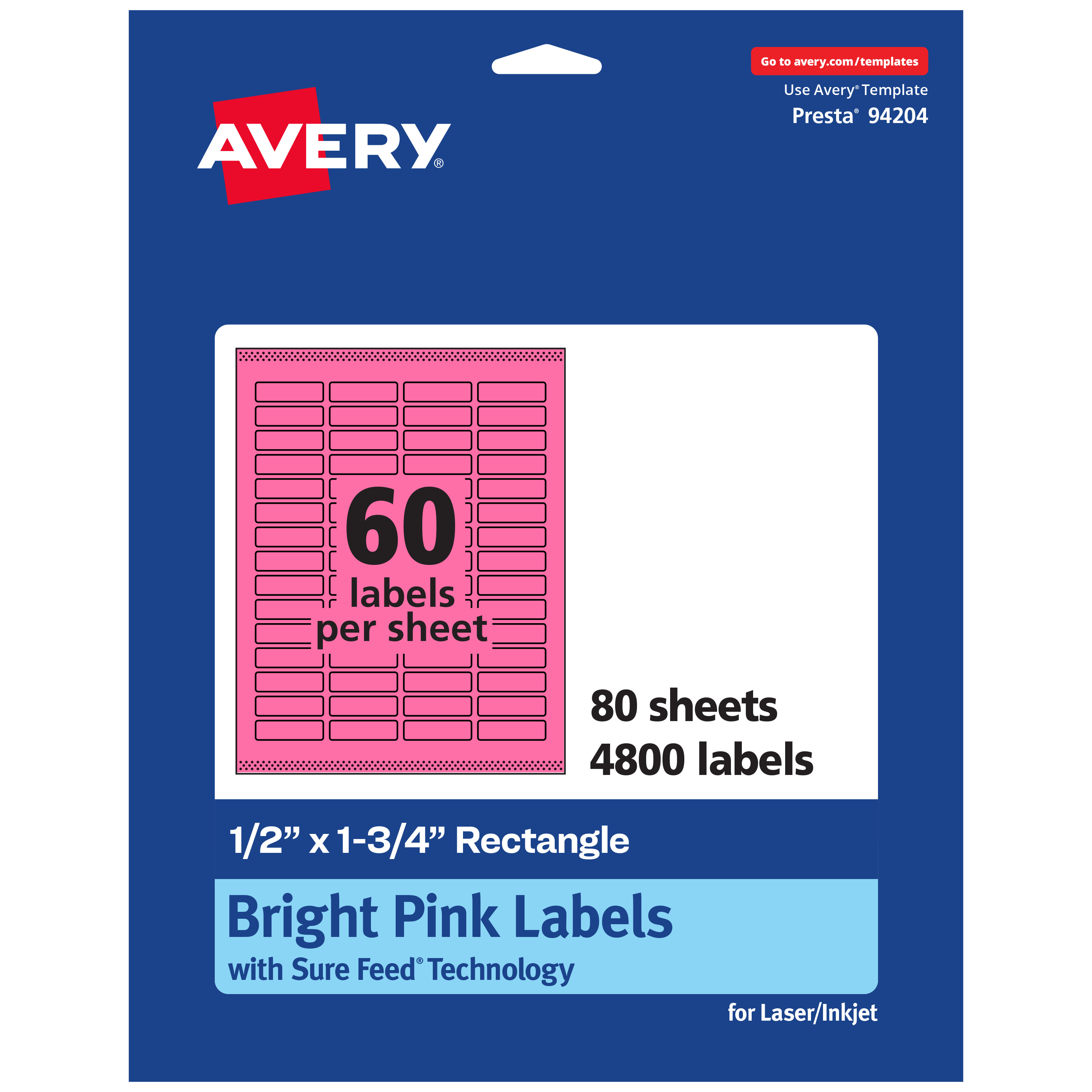 Avery Printable Rectangle Labels, Bright Pink, 0.5" x 1.75", 4,800ct