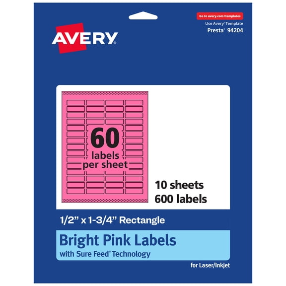 Avery Printable Rectangle Labels, Bright Pink, 0.5" x 1.75", 600ct