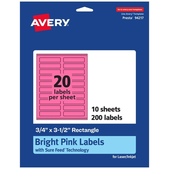 Avery Printable Rectangle Labels, Bright Pink, 0.75" x 3.5", 200ct