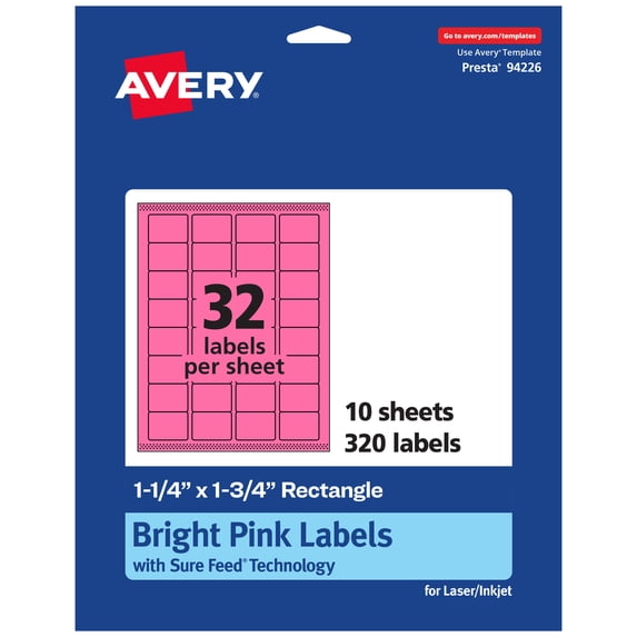 Avery Printable Rectangle Labels, Bright Pink, 1.25" x 1.75", 320ct