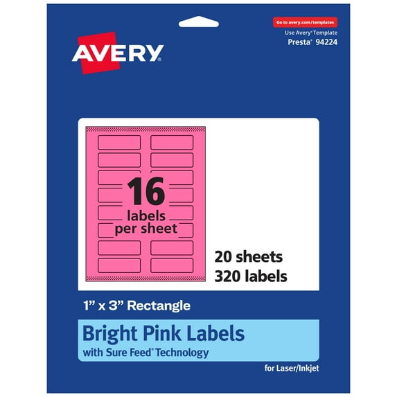 Avery Printable Rectangle Labels, Bright Pink, 1" x 3", 320ct