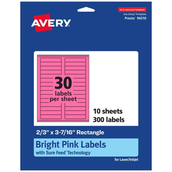 Avery Printable Rectangle Labels, Bright Pink, 2/3" x 3-7/16", 300ct