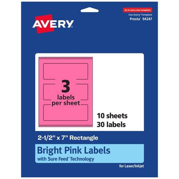 Avery Printable Rectangle Labels, Bright Pink, 2.5" x 7", 30ct