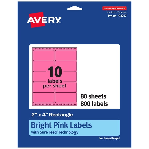 Avery Printable Rectangle Labels, Bright Pink, 2" x 4", 800ct