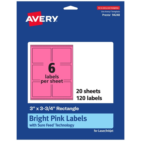 Avery Printable Rectangle Labels, Bright Pink, 3" x 3.75", 120ct