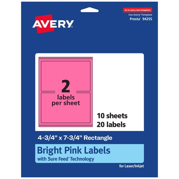 Avery Printable Rectangle Labels, Bright Pink, 4.75" x 7.75", 20ct
