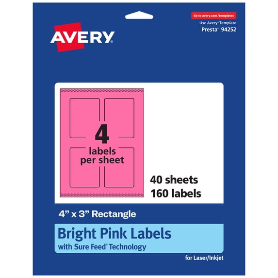 Avery Printable Rectangle Labels, Bright Pink, 4" x 3", 160ct