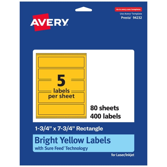 Avery Printable Rectangle Labels, Bright Yellow, 1.75" x 7.75", 400ct