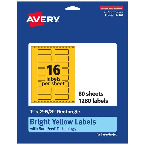Avery Printable Rectangle Labels, Bright Yellow, 1" x 2-5/8", 1,280ct