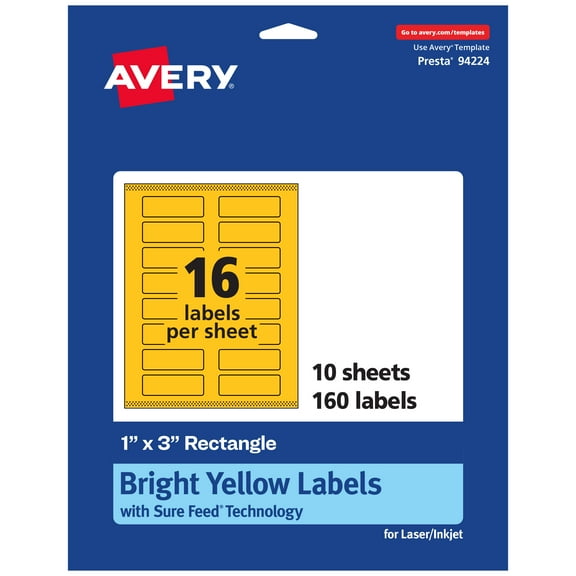 Avery Printable Rectangle Labels, Bright Yellow, 1" x 3", 160ct