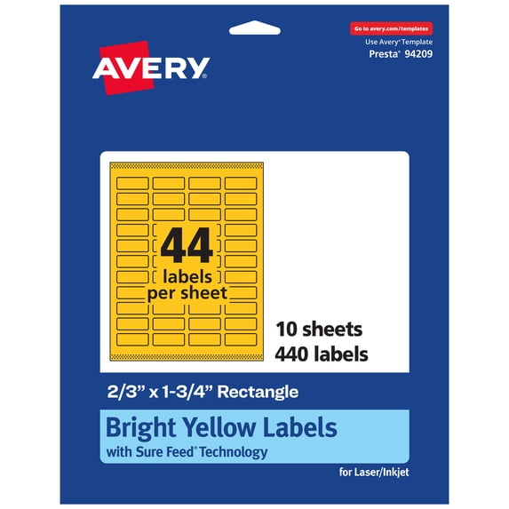 Avery Printable Rectangle Labels, Bright Yellow, 2/3" x 1-3/4", 440ct