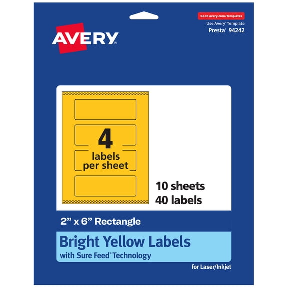 Avery Printable Rectangle Labels, Bright Yellow, 2" x 6", 40ct