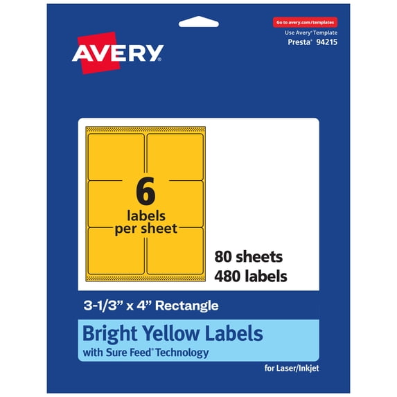 Avery Printable Rectangle Labels, Bright Yellow, 3-1/3" x 4", 480ct